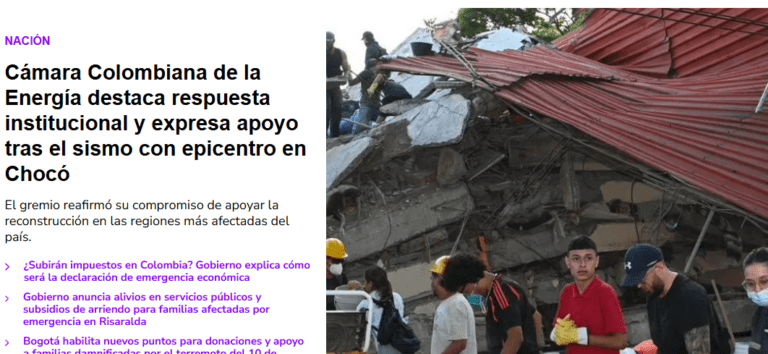 Cámara Colombiana de la Energía destaca respuesta institucional y expresa apoyo tras el sismo con epicentro en Chocó